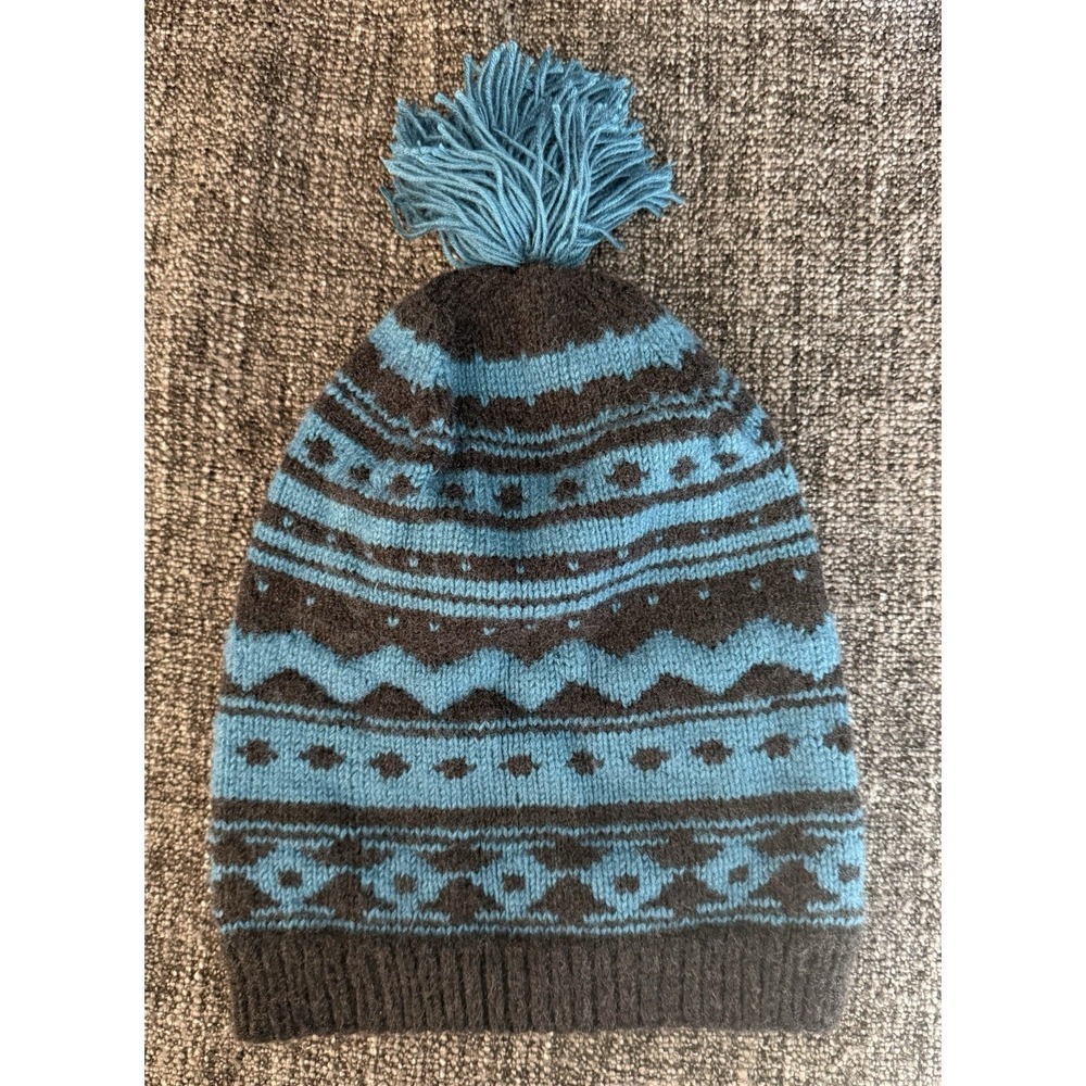 Handcrafted Knit Beanie Hat Blue‎ Black Fair Isle Pom Pom Artisan Acrylic Small